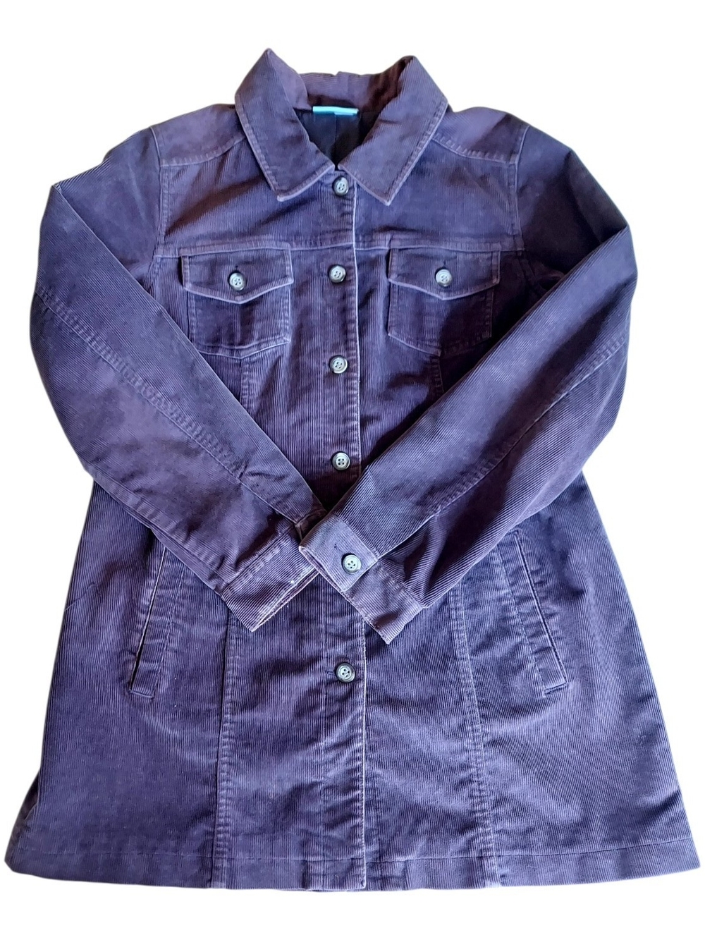 SO Blue Sigrid Olsen Purple Corduroy Longline Trucker Jacket Y2K Utility M - Picture 3 of 10